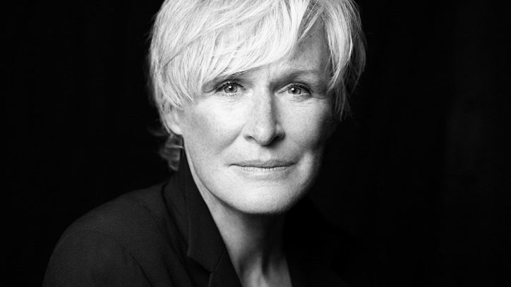 A black and white photo of Glenn Close