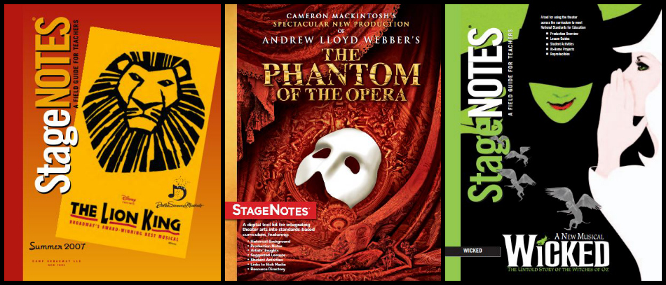 Posters for The Lion King, Phantom of the Opera, and Wicked