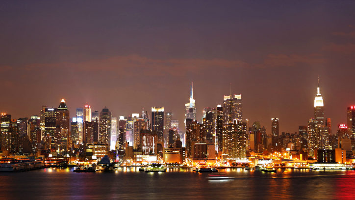 A photo of the New York City skyline at night
