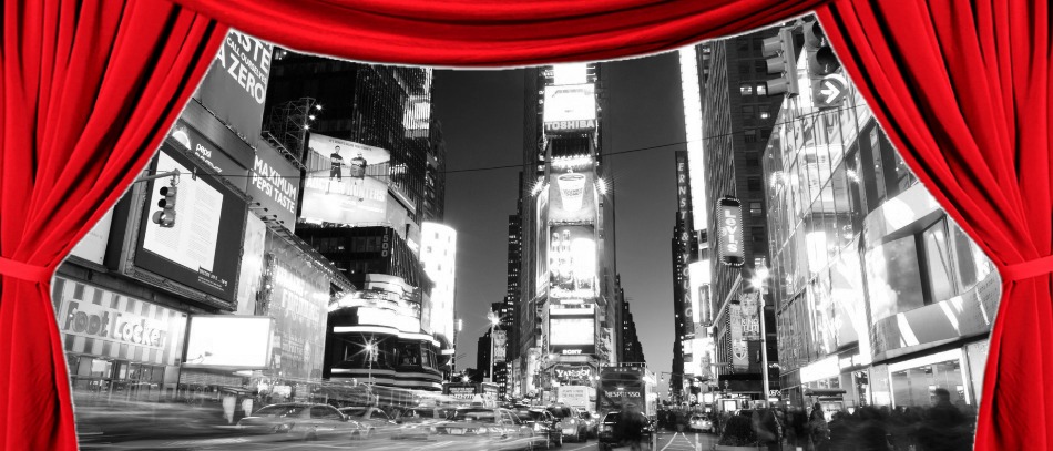 A red curtain revealing Times Square in black and white