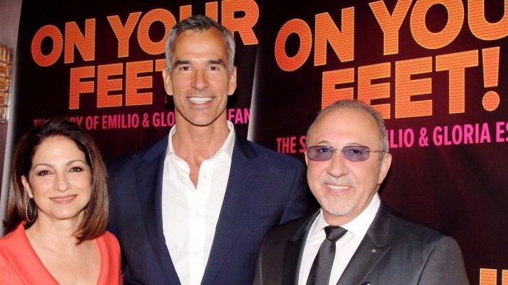 Emilio and Gloria Estefan with Jerry Mitchell at a press event for On Your Feet! the Broadway musical