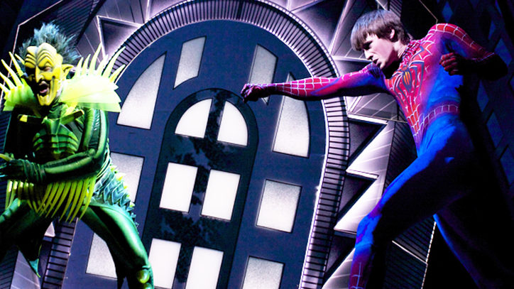 Spiderman fighting a villain in Spiderman Turn Off The Dark on Broadway