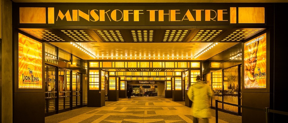 The outdoor lobby for the Minskoff Theatre