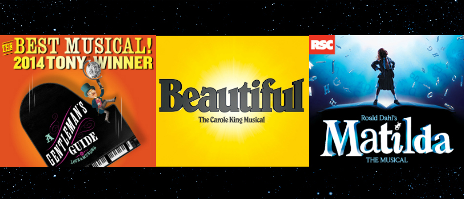 The logos for A Gentleman's Guide to Love and Murder, Beautiful the Carole King Musical, and Matilda the Musical