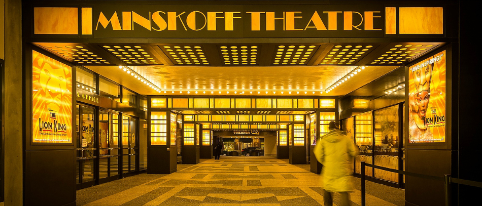 The exterior lobby for the Minskoff Theatre