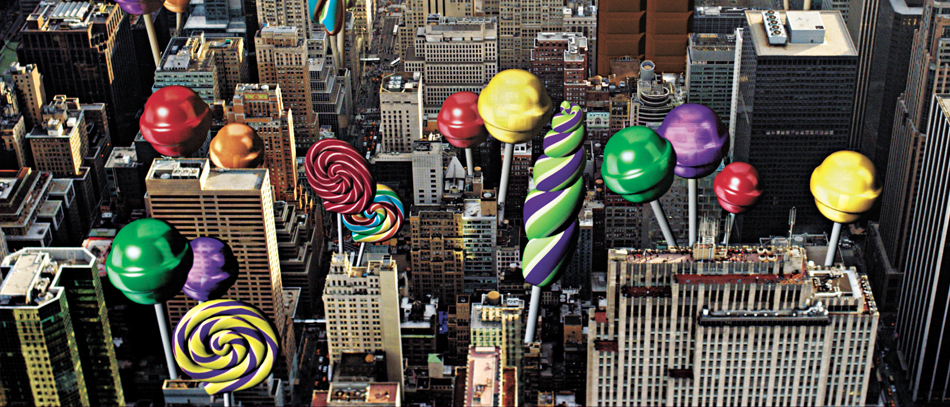 Candy sprouts up in an aerial photo of Manhattan