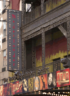 Nederlander Theatre marquee, featuring Rent the musical on Broadway