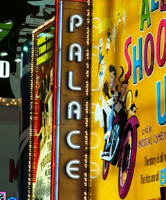 Palace Theatre marquee, featuring All Shook Up on Broadway