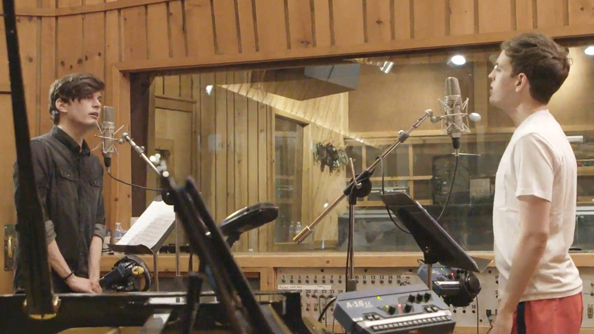The Broadway cast of Dear Evan Hansen in the recording studio
