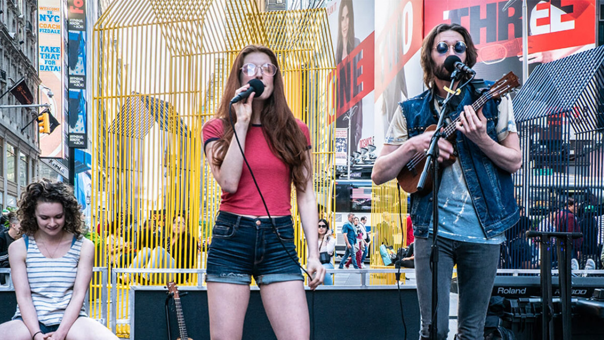 Broadway Buskers performing songs in Times Square