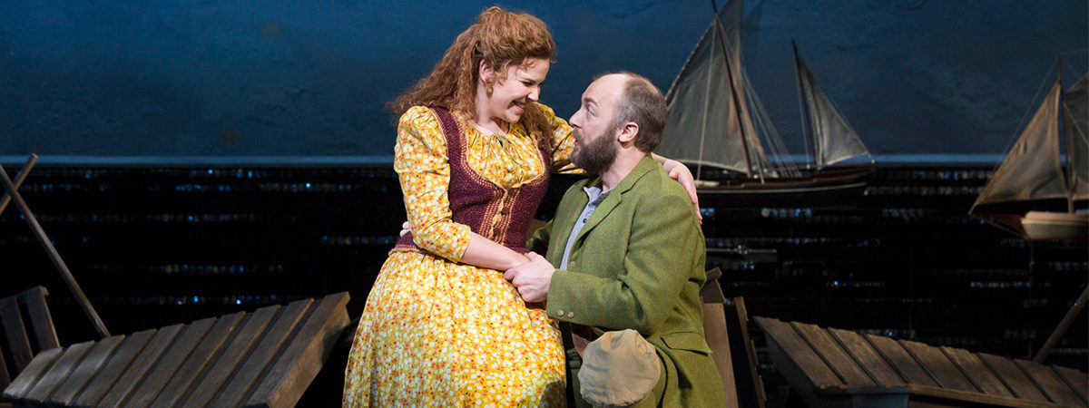 Lindsay Mendez and Alexander Gemignani perform a song from the Broadway revival of the Rodgers and Hammerstein musical Carousel.