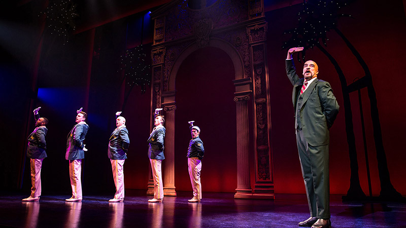 Alan Wiggins, Jake Odmark, Matthew Stocke, Alex Michael Stoll, Tommy Bracco and Eric Anderson in <i>Pretty Woman: The Musical</i>. Photo by Matthew Murphy.