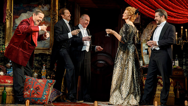 Dylan Baker, Jason Butler Harner, Paxton Whitehead, Janet McTeer and Matthew Saldivar in <i>Bernhardt/Hamlet</i>. Photo by Joan Marcus.