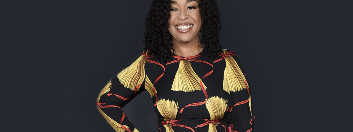 Shonda Rhimes in a black and gold dress. Shonda will be a producer for the new Broadway play American Son