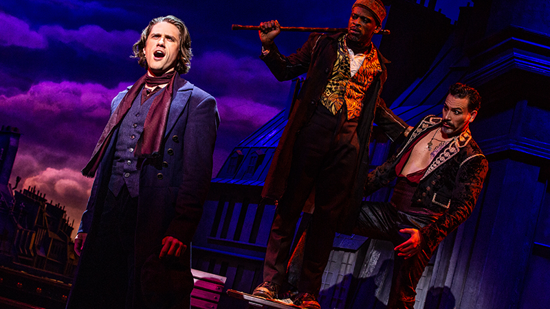 Aaron Tveit, Sahr Ngaujah, and Ricky Rojas in <i>Moulin Rouge!</i> Photo by Matthew Murphy.