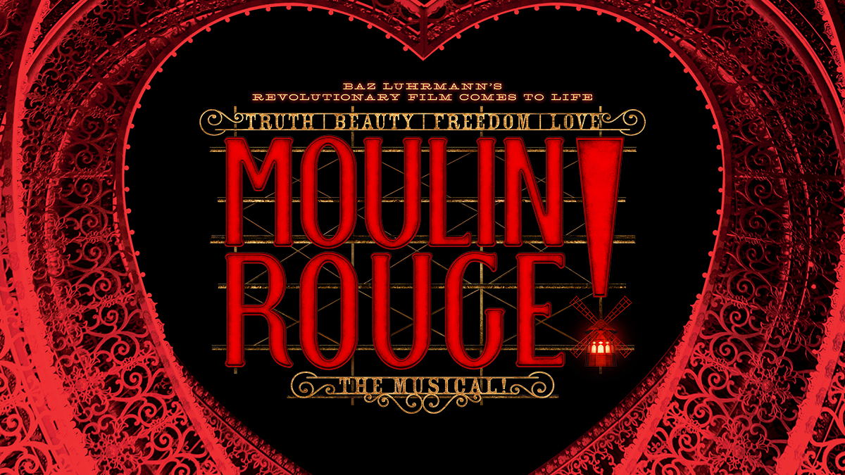 'Moulin Rouge!' in red all caps over a black background with red heart arches over the text as a border.