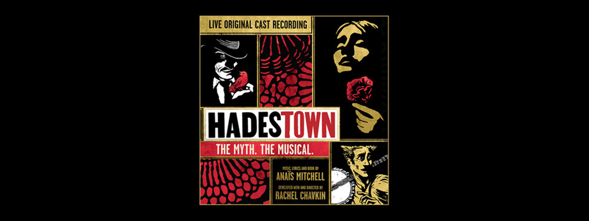 The album cover for the live cast recording of Hadestown at New York Theatre Workshop. The colors are red, white, gold, and black.