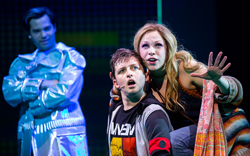 Jason Tam, Will Roland, and Lauren Marcus in <i>Be More Chill</i>. Photo by Maria Baranova.