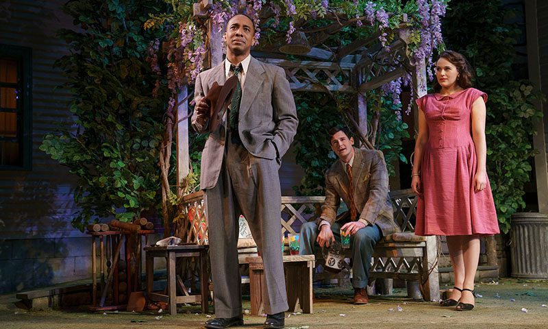Hampton Fluker, Benjamin Walker, and Francesca Carpanini in <i>All My Sons</i>. Photo by Joan Marcus.