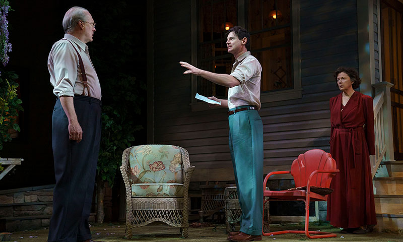 Tracy Letts, Benjamin Walker, and Annette Bening in <i>All My Sons</i>. Photo by Joan Marcus.