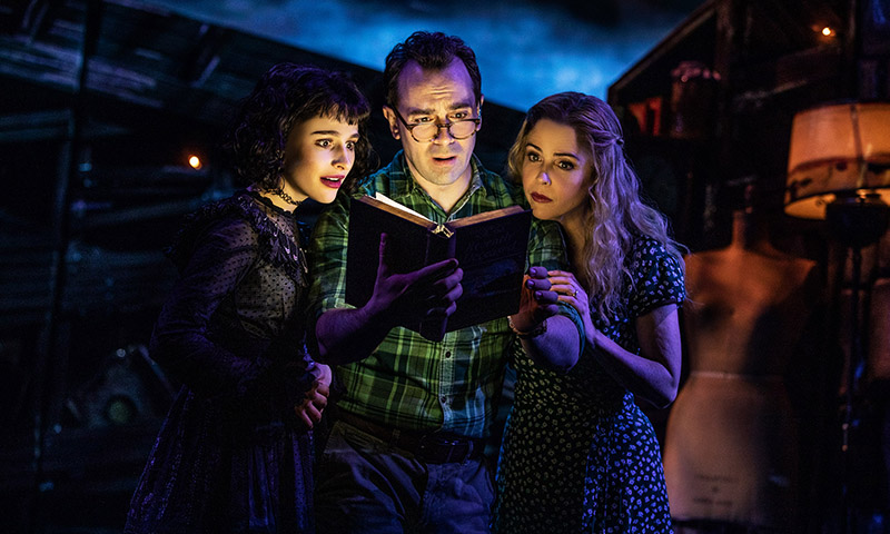 Sophia Anne Caruso, Rob McClure, and Kerry Butler in <i>Beetlejuice</i>. Photo by Matthew Murphy.