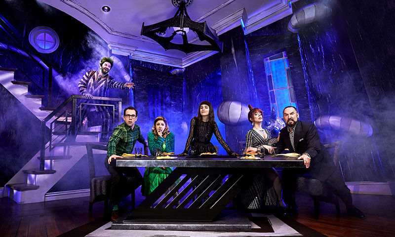 Alex Brightman, Rob McClure, Kerry Butler, Sophia Anne Caruso, Leslie Kritzer and Adam Dannheisser in <i>Beetlejuice</i>. Photo by Matthew Murphy.