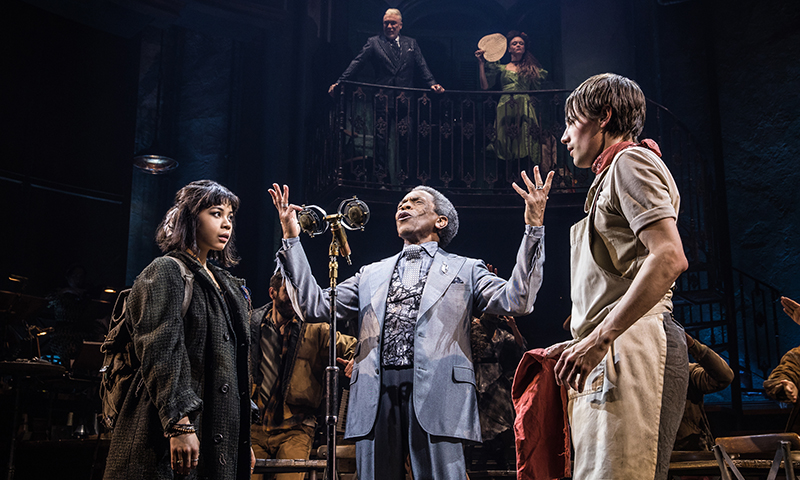 Eva Noblezada, Andre De Shields and Reeve Carney in <i>Hadestown</i>. Photo by Matthew Murphy.