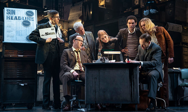 Robert Stanton, David Wilson Barnes, Bill Buell, Tara Summers, Eden Marryshow, Andrew Durand, and Jonny Lee Miller in<i>Ink</i>. Photo by Joan Marcus.