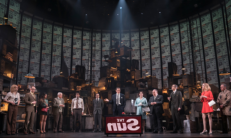 Andrew Durand, David Wilson Barnes, Rana Roy, Bill Buell, Eden Marryshow, Jonny Lee Miller, Bertie Carvel, Tara Summers, Colin McPhillamy, Robert Stanton, Erin Neufer, and Kevin Pariseau in <i>Ink</i>. Photo by Joan Marcus.