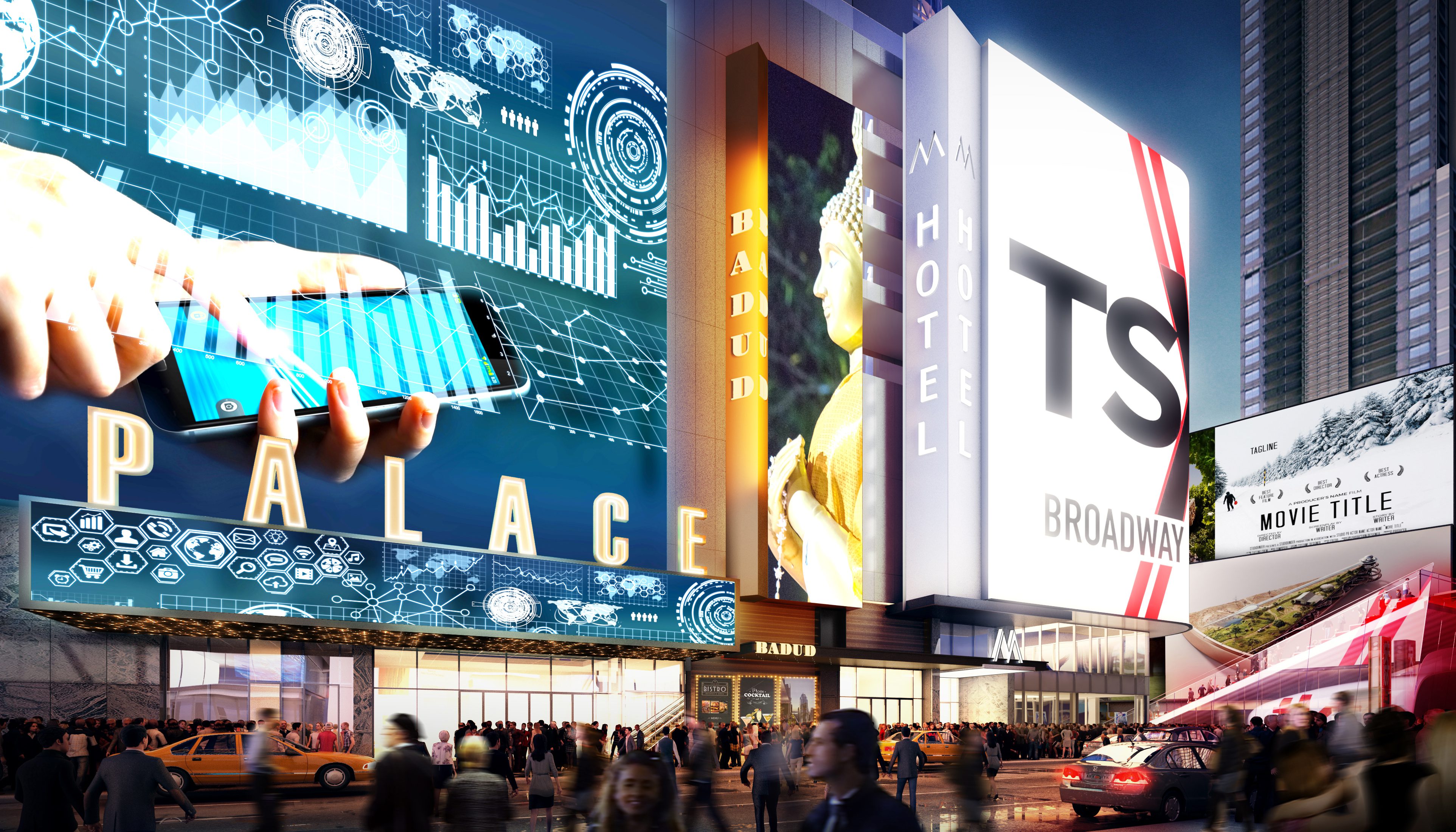 The new entrance to the Palace Theatre, located on W47th Street. Image provided by L&L Holding Company.