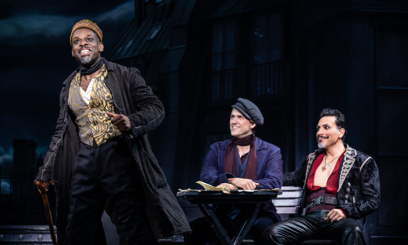 Sahr Ngaujah, Aaron Tveit, and Tam Mutu in <i>Moulin Rouge! The Musical</i>. Photo by Matthew Murphy.