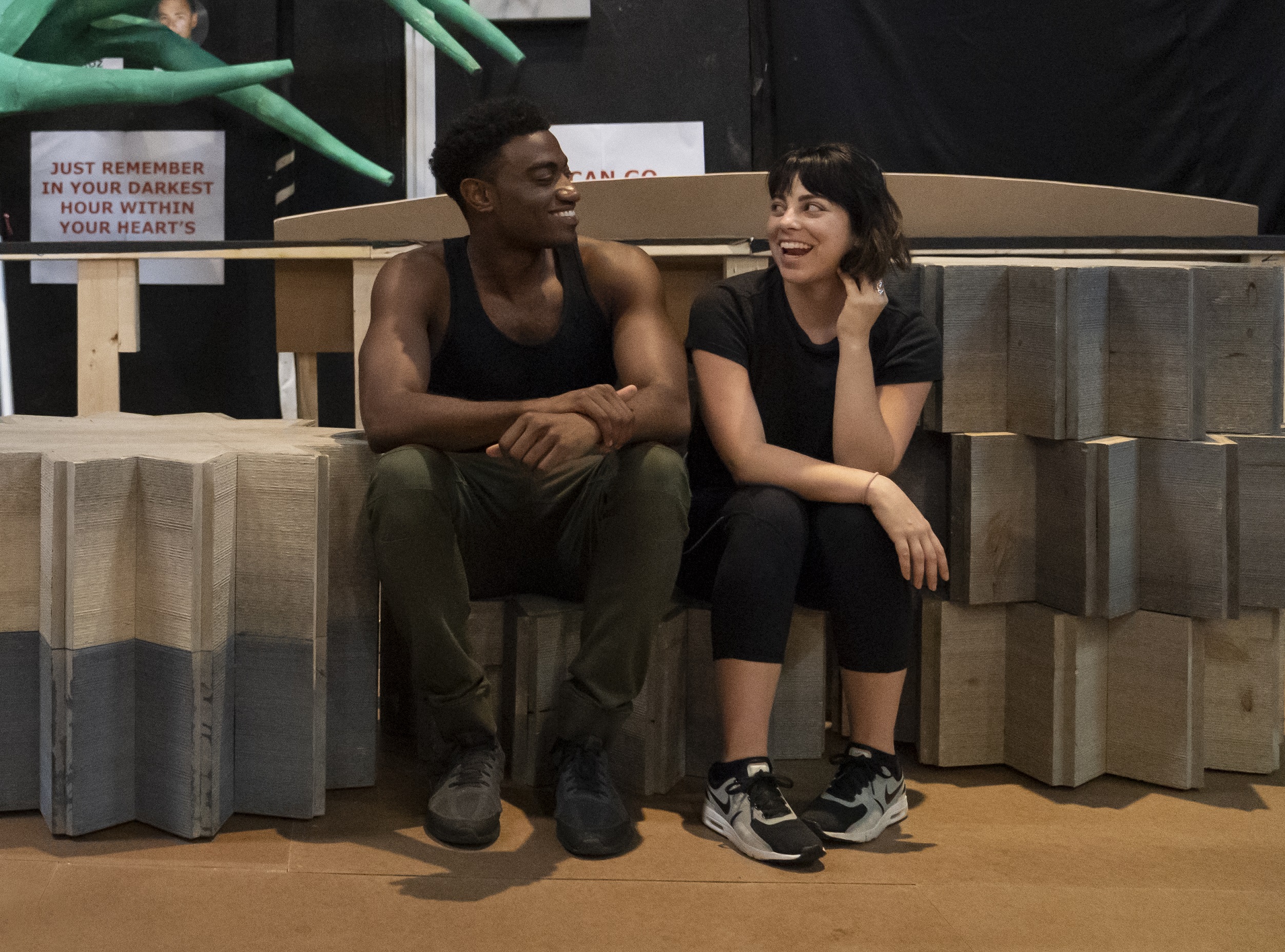 Jelani Alladin and Krysta Rodriguez in rehearsal for Public Works’ Hercules, The Public Theater’s free production, directed by Lear deBessonet, running at The Delacorte Theater in Central Park starting August 31. Photo credit: Joan Marcus.
