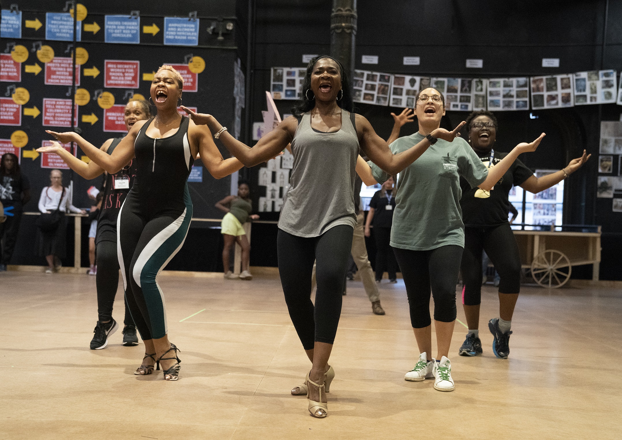 Rema Webb, Tamika Lawrence, Ramona Keller, Brianna Cabrera, and Tieisha Thomas in rehearsal for Public Works’ Hercules, The Public Theater’s free production, directed by Lear deBessonet, running at The Delacorte Theater in Central Park starting August 31. Photo credit: Joan Marcus.