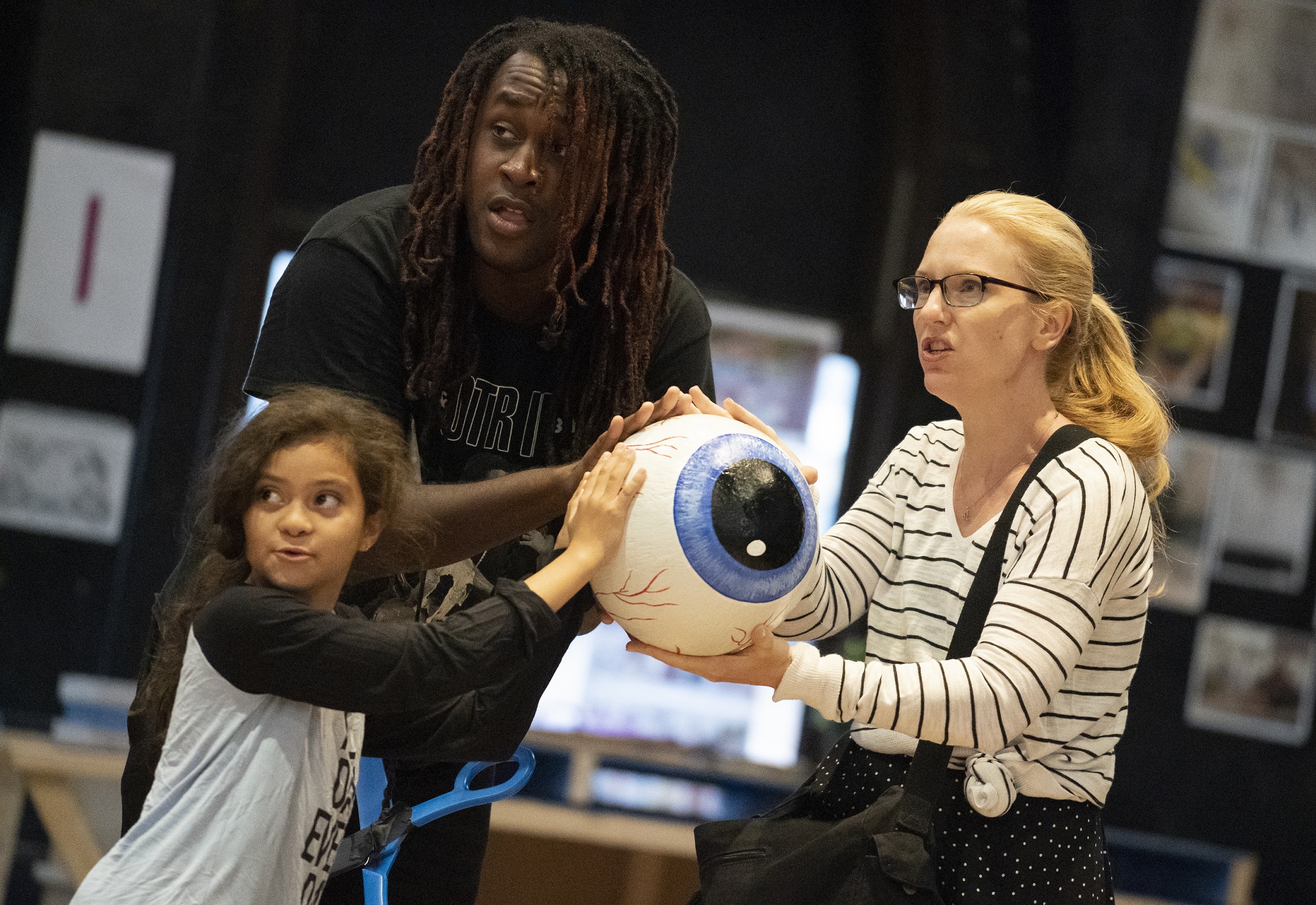 Isabelle Romero, Hasaan Bailey, and Kelly Campbell in rehearsal for Public Works’ Hercules, The Public Theater’s free production, directed by Lear deBessonet, running at The Delacorte Theater in Central Park starting August 31. Photo credit: Joan Marcus.