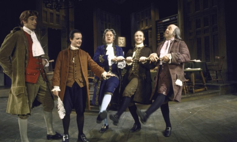 Ken Howard, William Daniels, Henry LeClair, David Vosburgh, and Howard Da Silva in the Broadway production of <i>1776.</i> Photo by Martha Swope for the NYPL for the Performing Arts.