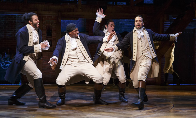 Daveed Diggs, Okieriete Onaodowan, Anthony Ramos, and Lin-Manuel Miranda in the Broadway production of Hamilton. Photo by Joan Marcus.