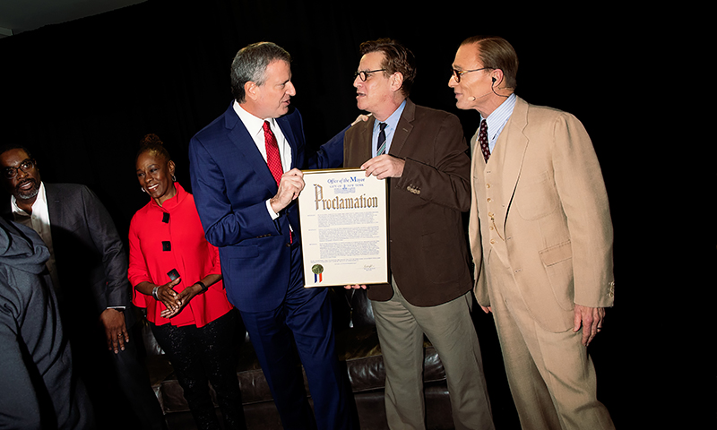 Mayor Bill de Blasio, Aaron Sorkin, and Ed Harris. Photo by Little Fang.