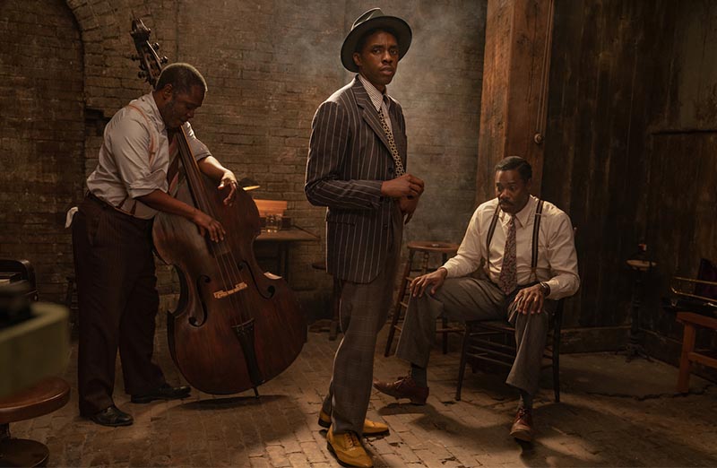 Colman Domingo, Michael Potts, and Chadwick Boseman in <i>Ma Rainey's Black Bottom</i>. Photo by David Lee for Netflix.