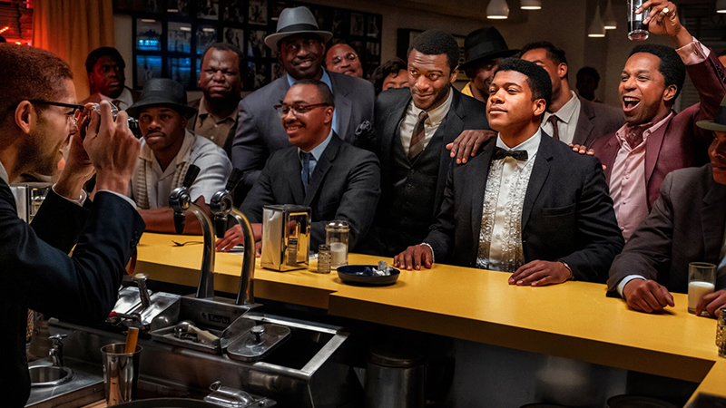Aldis Hodge, Leslie Odom Jr., Eli Goree, and Kingsley Ben-Adir in <i>One Night in Miami</i>. Photo by Patti Perret for Netflix.
