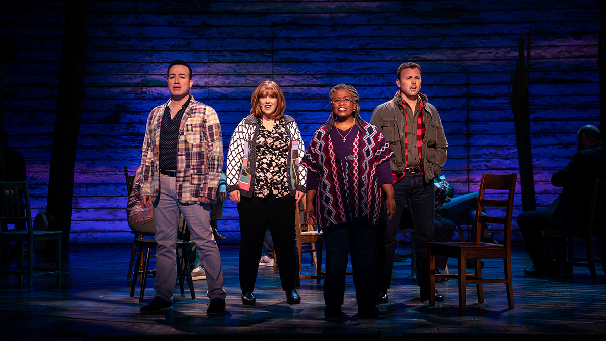 Caesar Samayoa, Sharon Wheatley, Q. Smith and Tony LePage in “Come From Away,” premiering September 10, 2021 on Apple TV+.