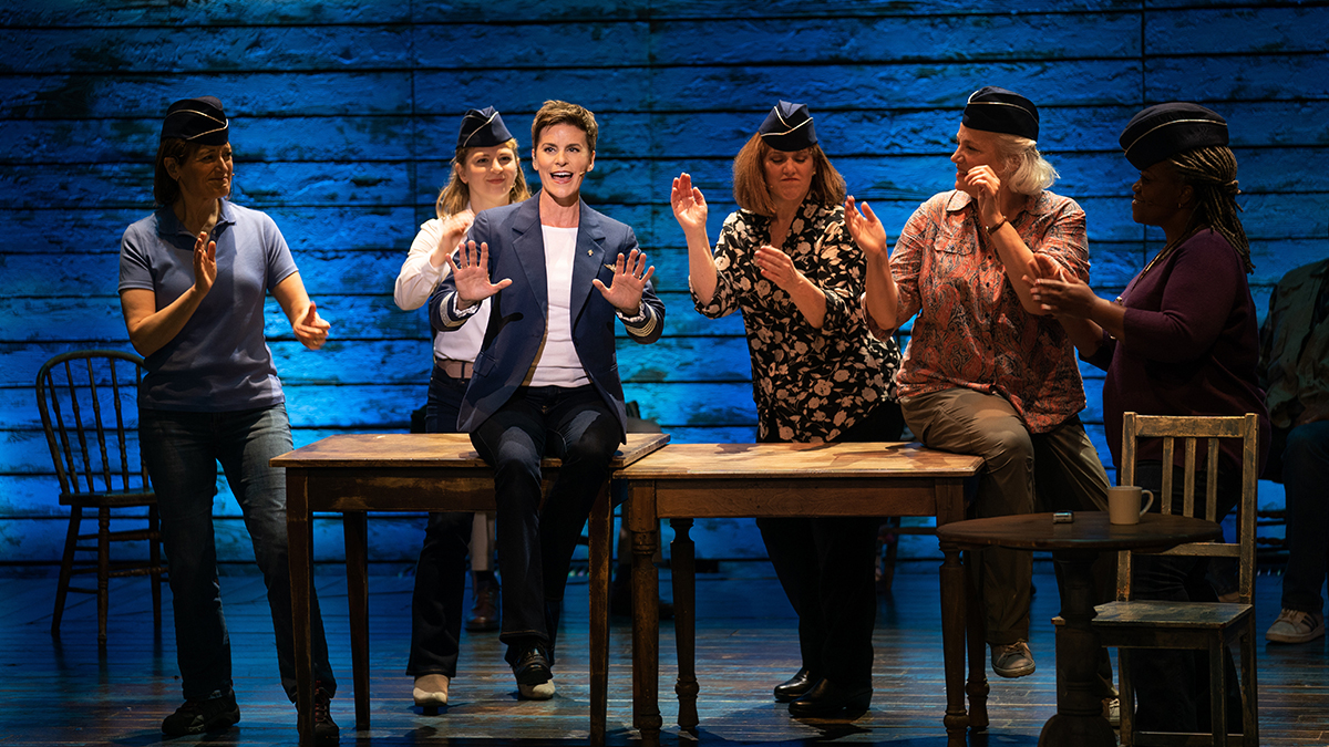 Petrina Bromley, Emily Walton, Jenn Colella, Sharon Wheatley, Astrid Van Wieren and Q. Smith in “Come From Away,” premiering September 10, 2021 on Apple TV+.