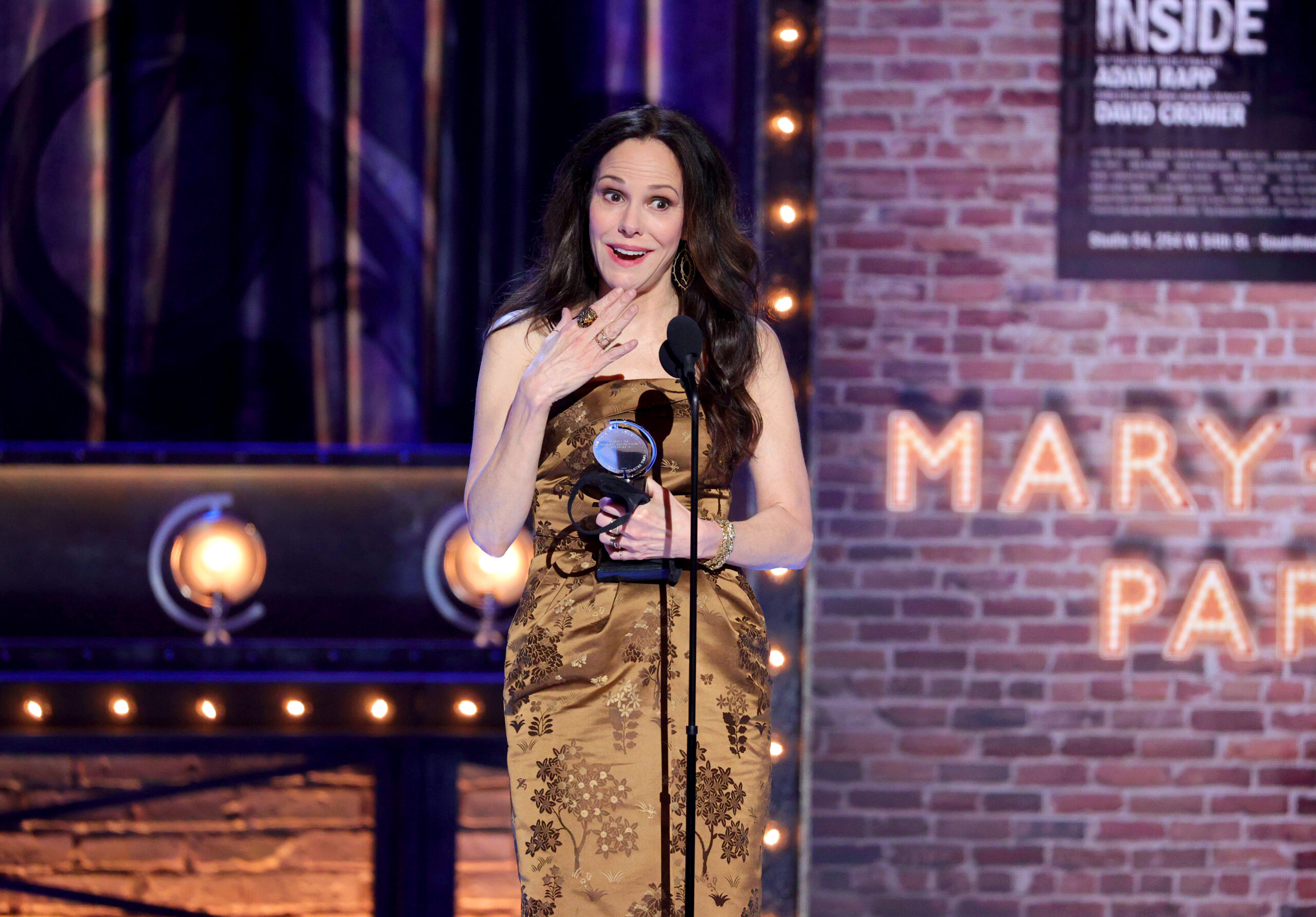 NEW YORK, NEW YORK - SEPTEMBER 26: Mary-Louise Parker accepts the award for Best Performance by an Actress in a Leading Role in a Play for "The Sound Inside" onstage during the 74th Annual Tony Awards at Winter Garden Theatre on September 26, 2021 in New York City. (Photo by Theo Wargo/Getty Images for Tony Awards Productions)