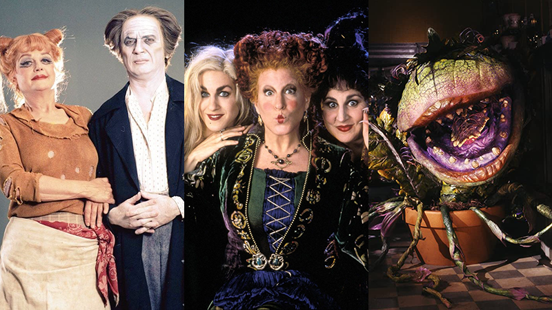 Angela Lansbury and George Hearn in Sweeney Todd; Sarah Jessica Parker, Bette Midler, and Kathy Najimy in Hocus Pocus; <em>Little Shop of Horrors</em>.