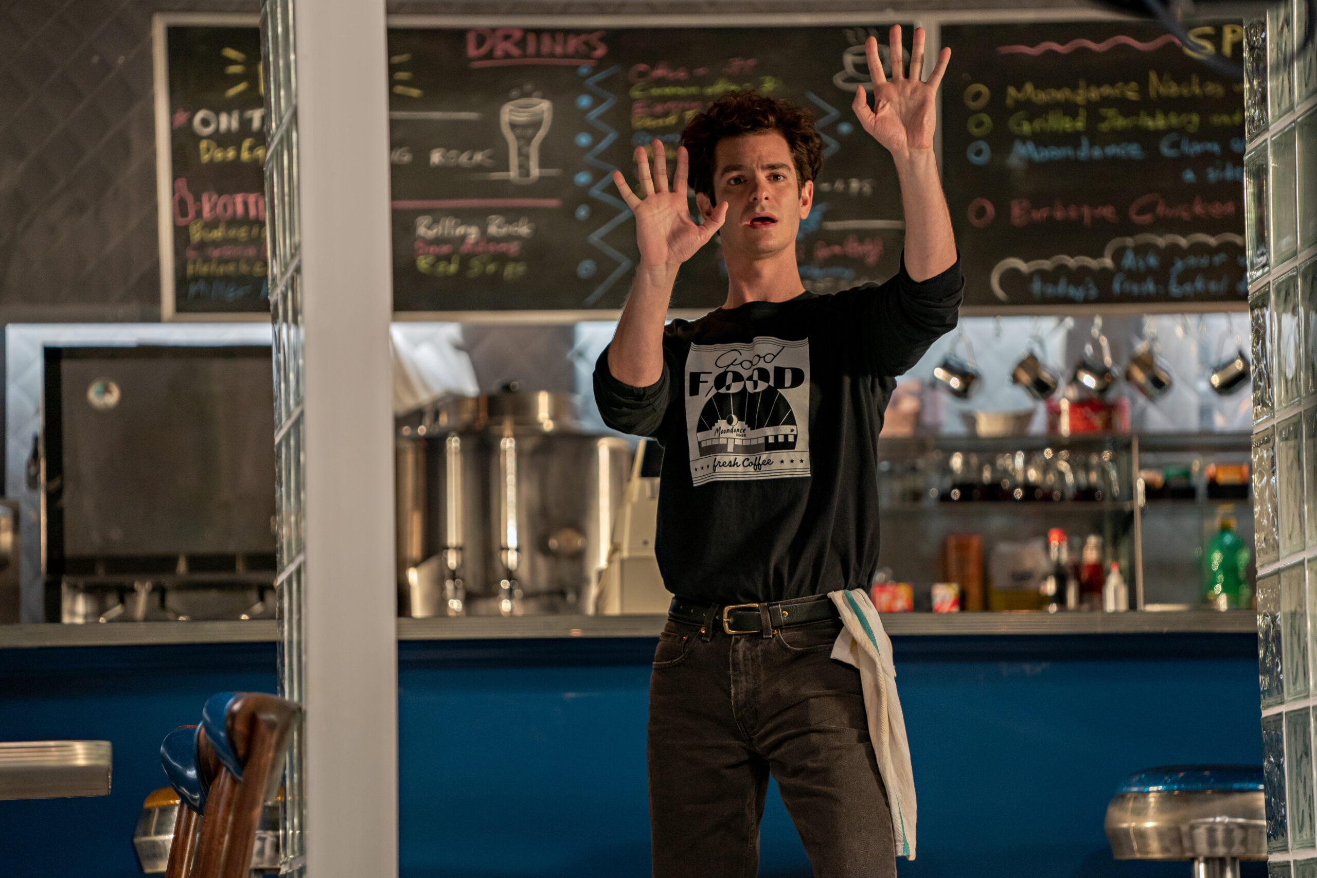 Andrew Garfield as Jonathan Larson in <i>tick, tick...BOOM!</i>. Photo by Macall Polay for Netflix.