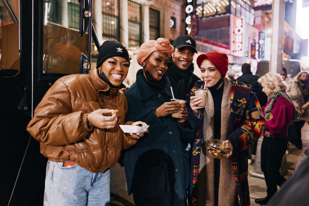 Khaila Wilcoxon, Jewelle Blackman, James Harkness, and Amber Gray outside the Moondance Diner Food Truck. Photo by Emilio Madrid.