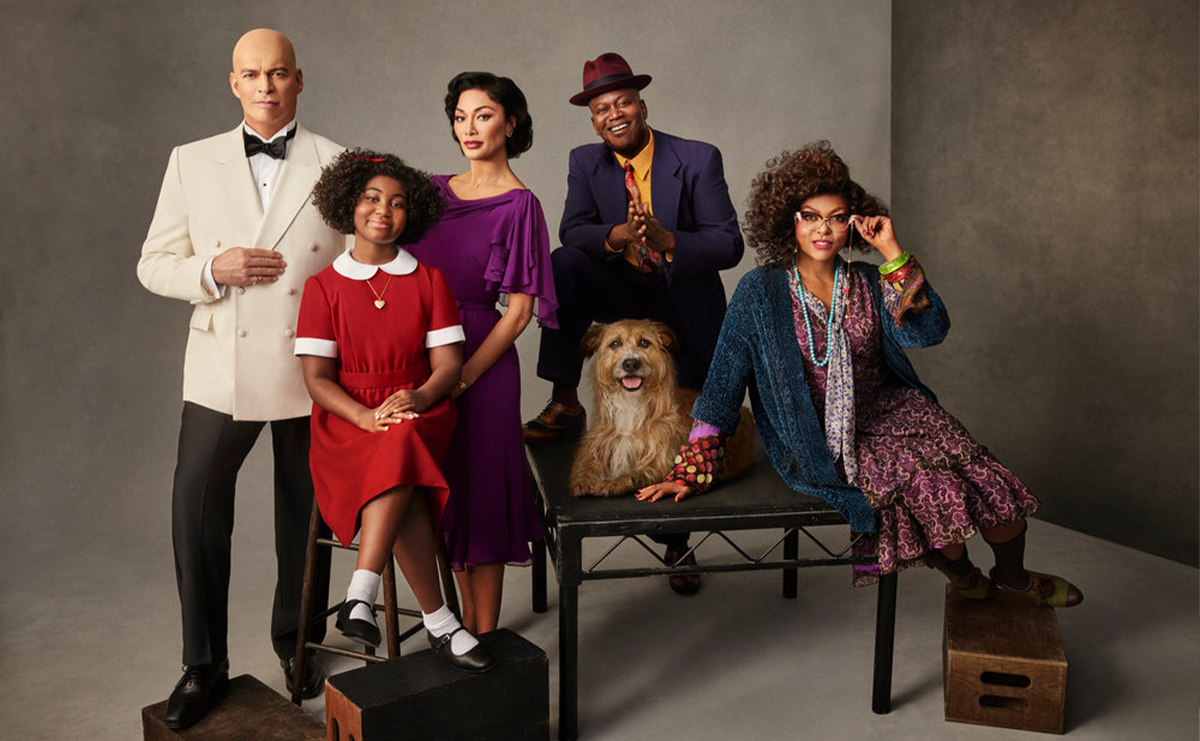 Harry Connick Jr. as Daddy Warbucks, Celina Smith as Annie, Nicole Scherzinger as Grace Farrell, Tituss Burgess as Rooster Hannigan, Sandy as Sandy the dog, Taraji P. Henson as Miss Hannigan for <i>Annie Live!</i>. Photo by Paul Gilmore for NBC.