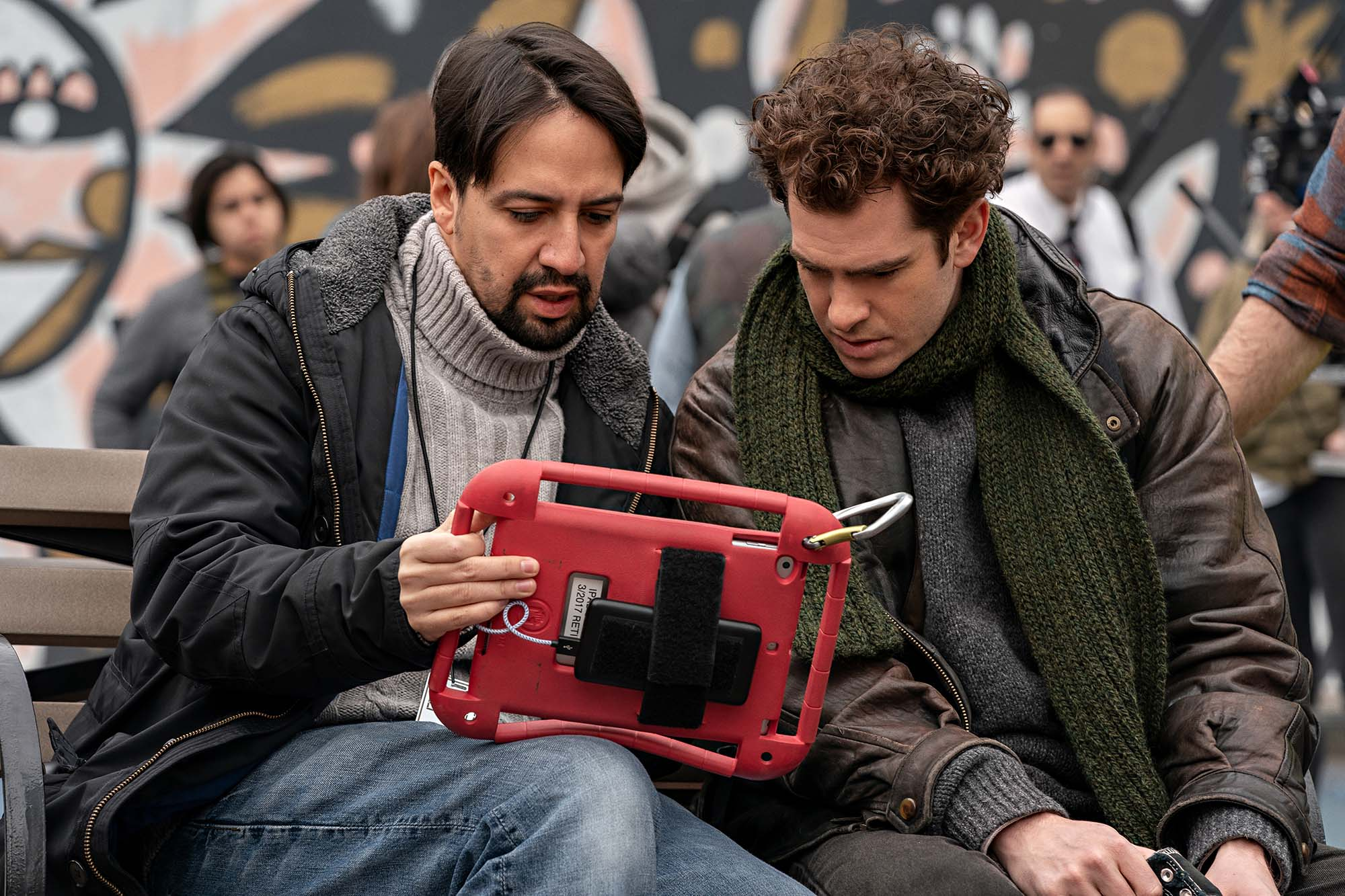Lin-Manuel Miranda and Andrew Garfield on the set of <i>tick, tick...BOOM!</i>. Photo courtesy of Netflix.