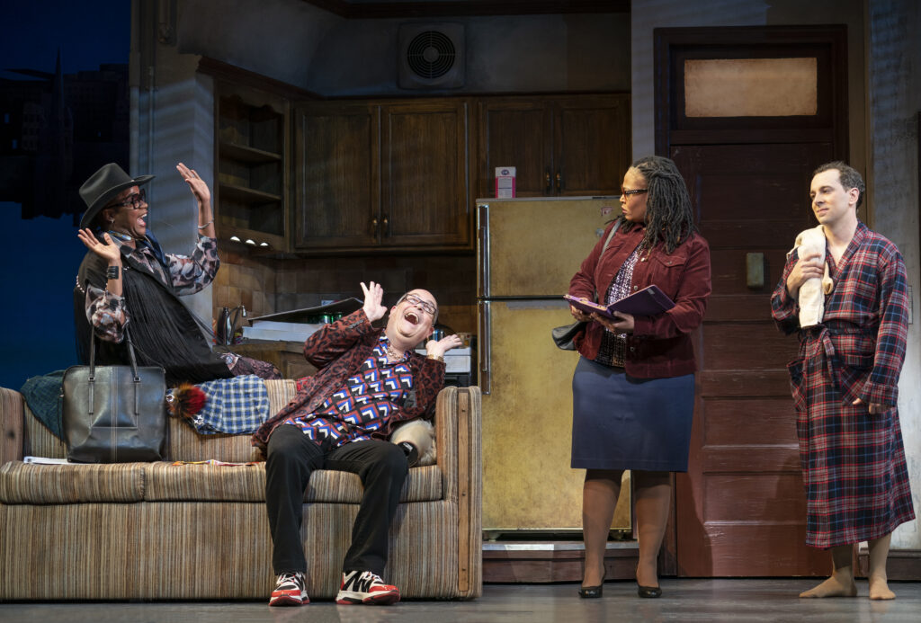 J. Harrison Ghee, Brad Oscar, Charity Angél Dawson, and Rob McClure in Mrs. Doubtfire. Photo by Joan Marcus.
