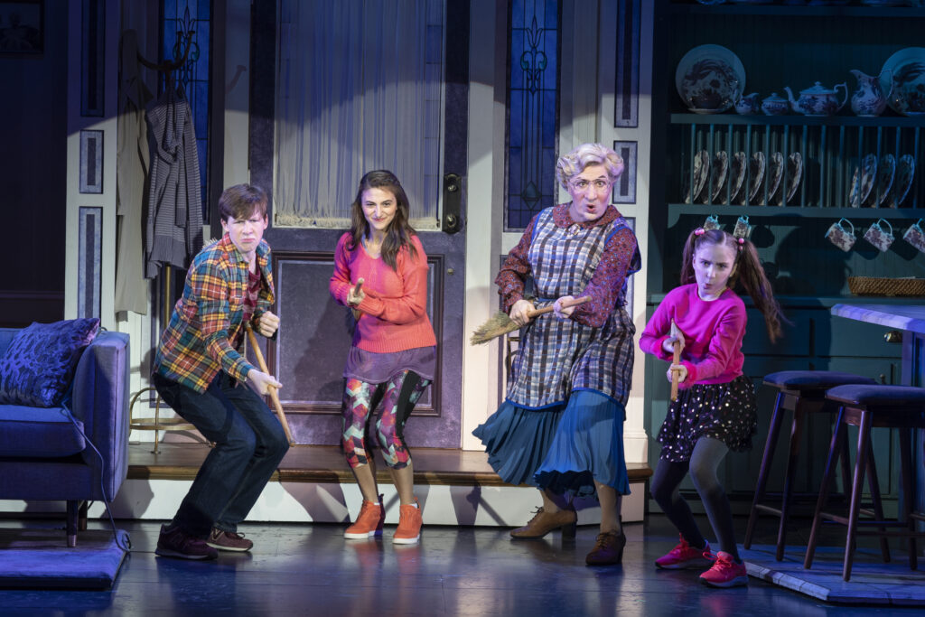 Jake Ryan Flynn, Analise Scarpaci, Rob McClure, and Avery Sell in Mrs. Doubtfire. Photo by Joan Marcus.