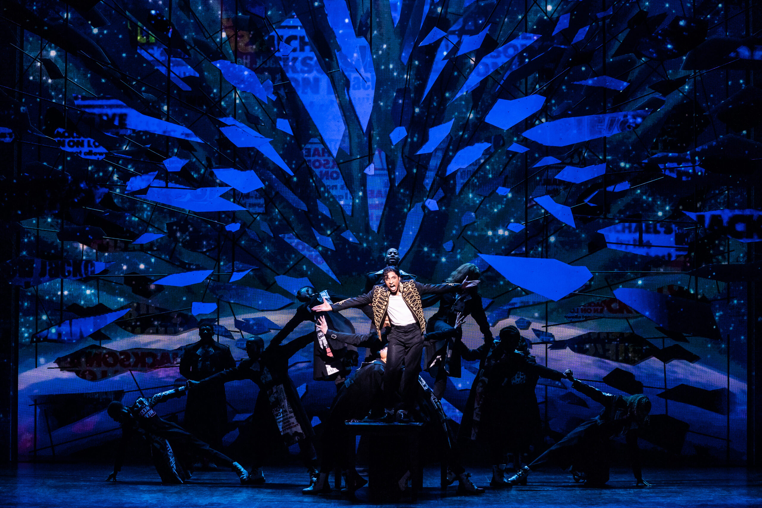 Myles Frost and the Cast of MJ. Photo by Matthew Murphy.